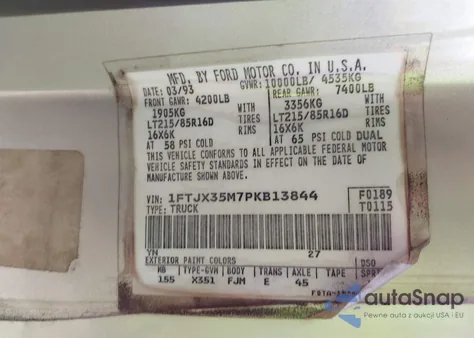 1993 Ford F350 из США, поврежденный, VIN 1FTJX35M7PKB13844